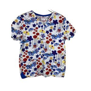 White Cross Scrub Top Size S Colorful Chinese Lantern Print Red Yellow Blue